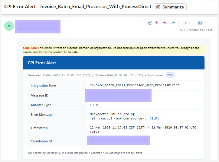 HTML email notification titled CPI Error Alert for Invoice_Batch_Email_Processor_With_ProcessDirect showing error message 'Unexpected EOF in prolog at [row,col {unknown-source}]: [1,0]'