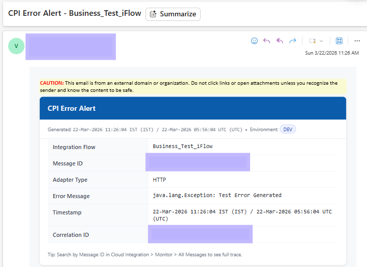HTML email notification titled CPI Error Alert showing fields: Integration Flow (Business_Test_iFlow), Adapter Type (HTTP), Error Message (java.lang.Exception: Test Error Generated), Timestamp (22-Mar-2026 IST and UTC), Correlation ID