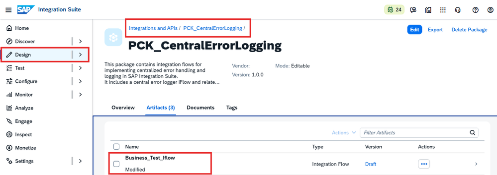 SAP Integration Suite showing the PCK_CentralErrorLogging package with Business_Test_Iflow listed as an Integration Flow artifact in Draft status
