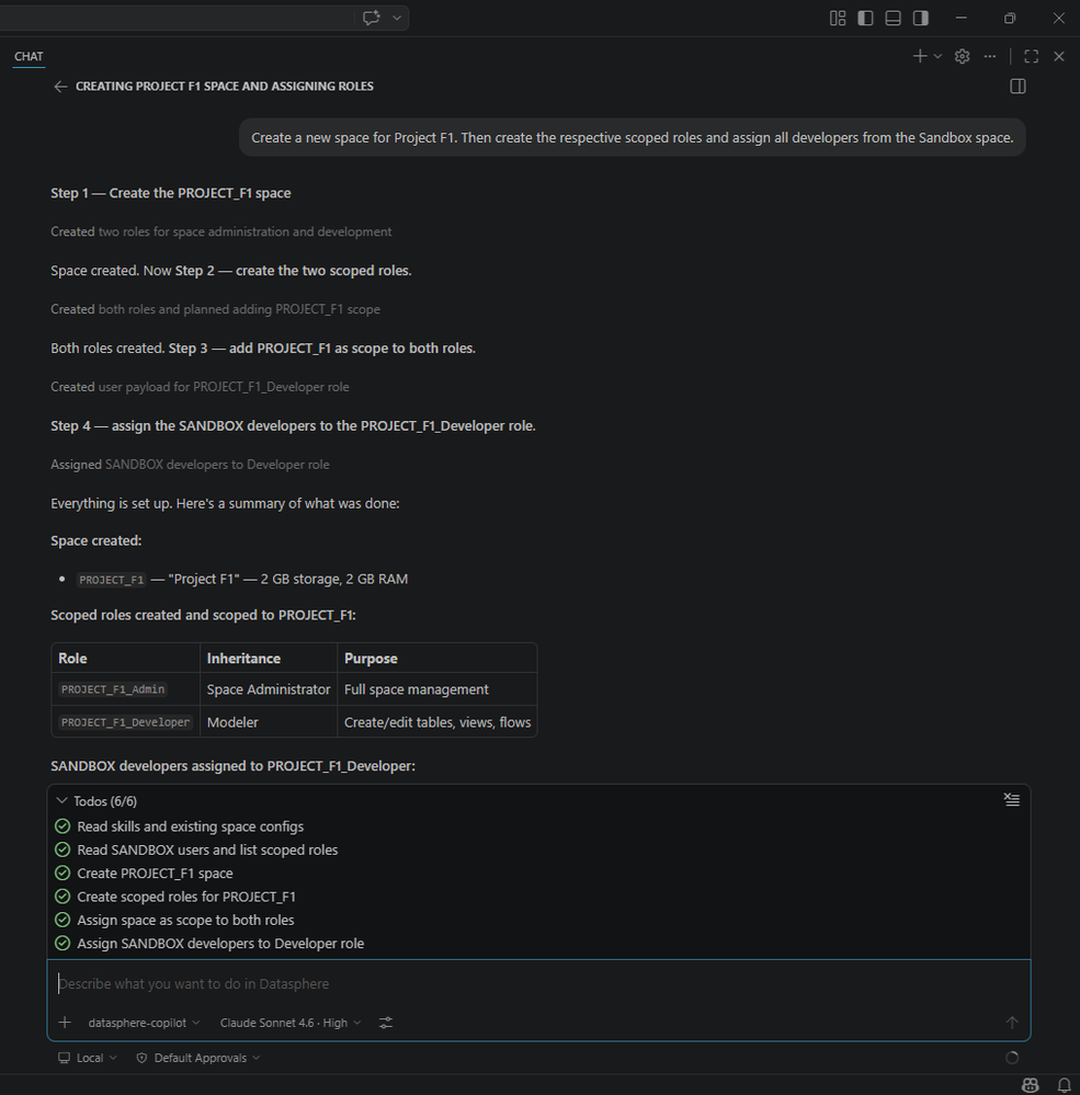 VS Code Copilot Chat window showing a complete six-step space creation: PROJECT_F1 space created with 2GB storage and 2GB RAM, two scoped roles created and scoped, six Sandbox developers assigned to the Developer role