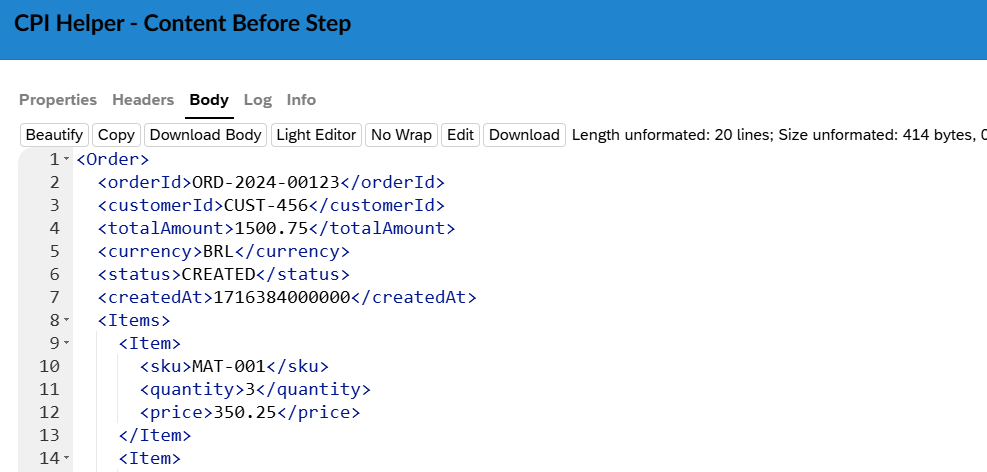 CPI Monitor showing successful processing of the order.created Kafka topic through the router iFlow and into the domain processing iFlow