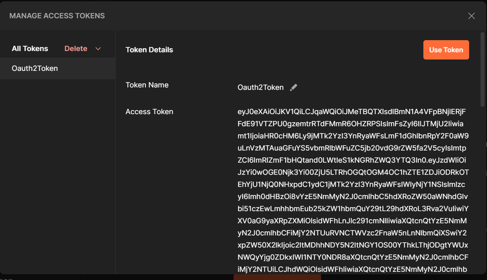 Postman showing the Get new access token dialog with Authentication complete status, and the Manage Access Tokens screen showing Oauth2Token with its full JWT value and a Use Token button