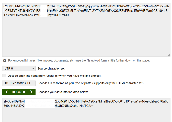 Online Base64 decoder showing an encoded Authorization header string being decoded to reveal the original client ID and client secret values