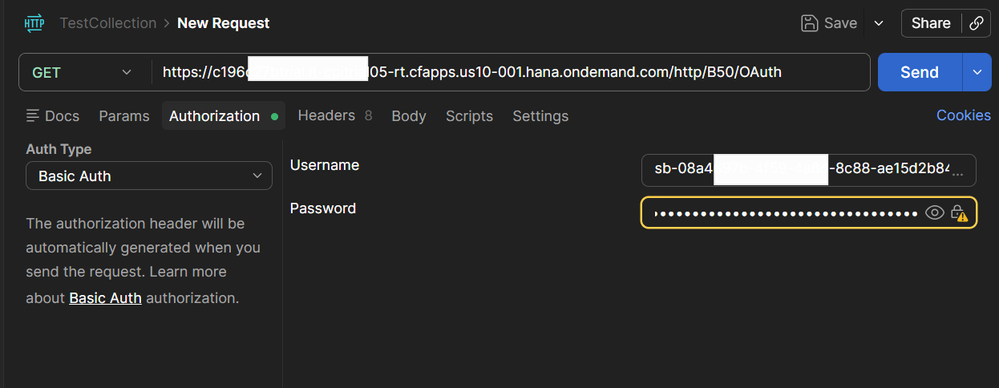 Postman Authorization tab with Auth Type set to Basic Auth, Username and Password fields populated with masked SAP BTP client credentials