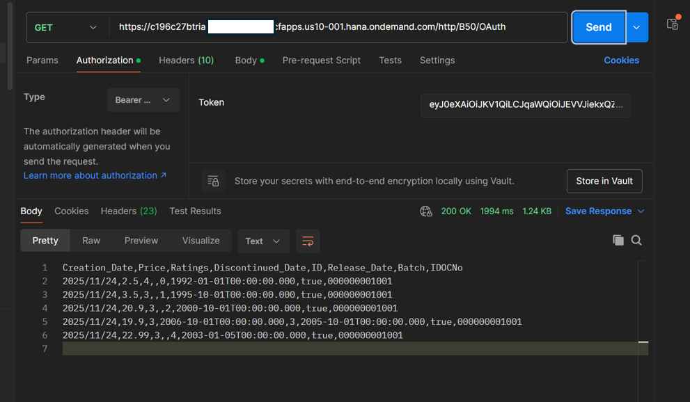 Postman Authorization tab with Type set to Bearer Token and the Token field populated with the first characters of the JWT, showing a 200 OK response with CSV data