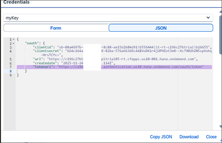 SAP BTP service instance showing credentials JSON with clientid, clientsecret, url, createdate, and tokenurl fields