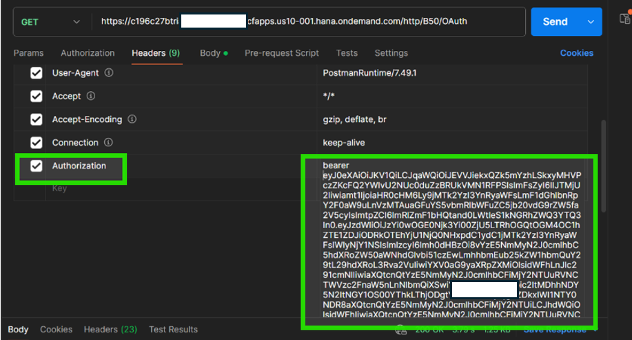 Postman Headers tab for a request to the Cloud Integration HTTP endpoint, showing Authorization header set to bearer followed by a long JWT token value
