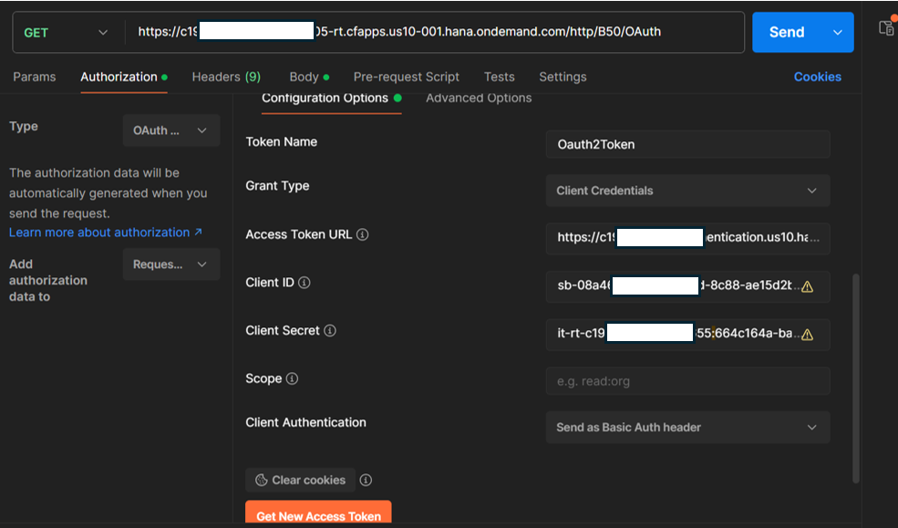 Postman OAuth 2.0 configuration form showing Grant Type set to Client Credentials, and the Access Token URL, Client ID, and Client Secret fields populated from BTP service instance credentials