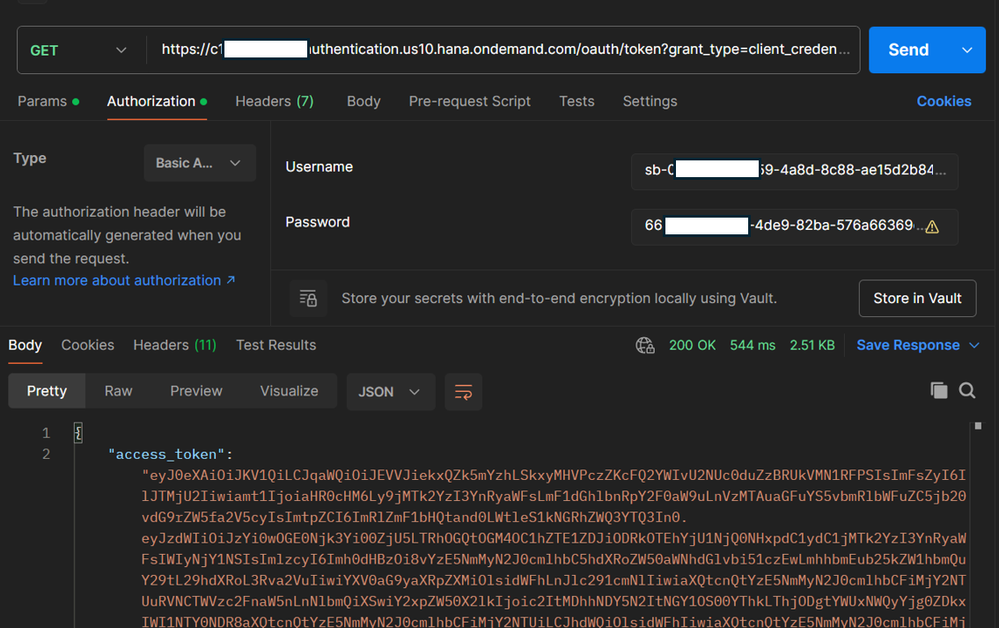 Postman response body showing an OAuth 2.0 token response JSON with the access_token as a long JWT string, token_type as bearer, and expires_in as 3599